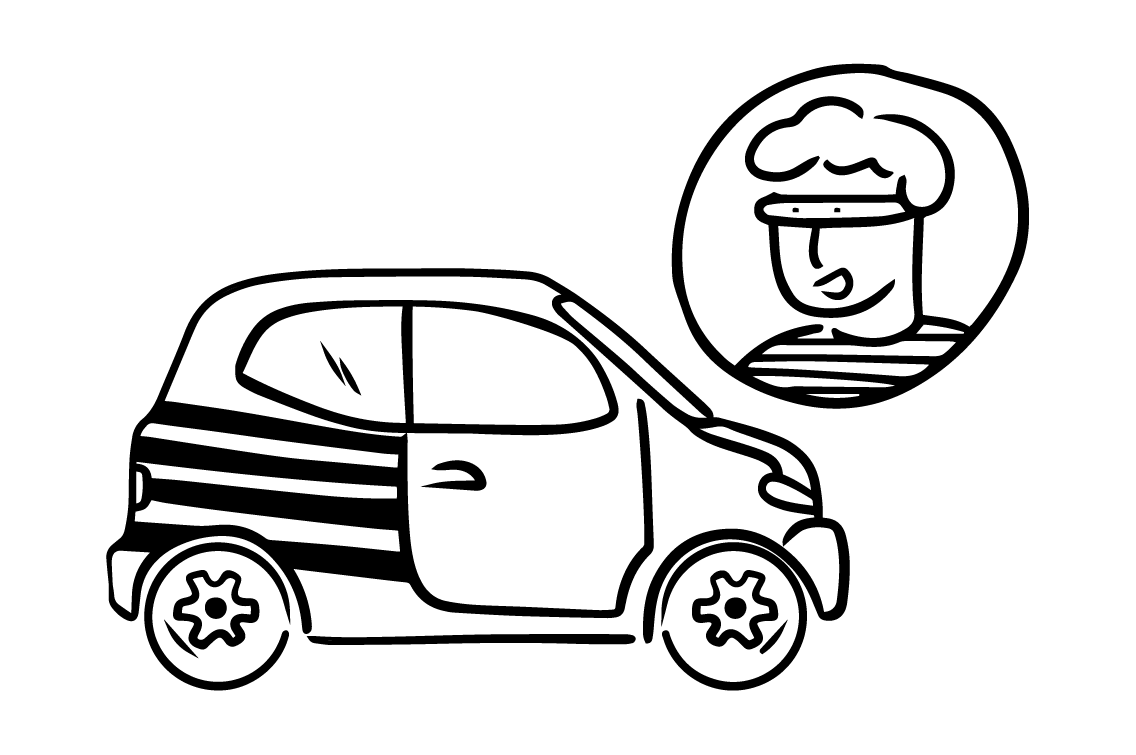Black and white illustration of a car, with a scammer in a bubble in the top right hand corner. This image is depicting a vehicle purchase scam.