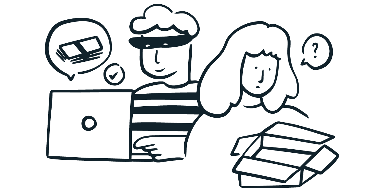 Line drawing of a woman and man sitting at a table with a laptop, looking at documents, with speech bubbles indicating thinking and question. One of the people is a scammer and the other is a scam victim.